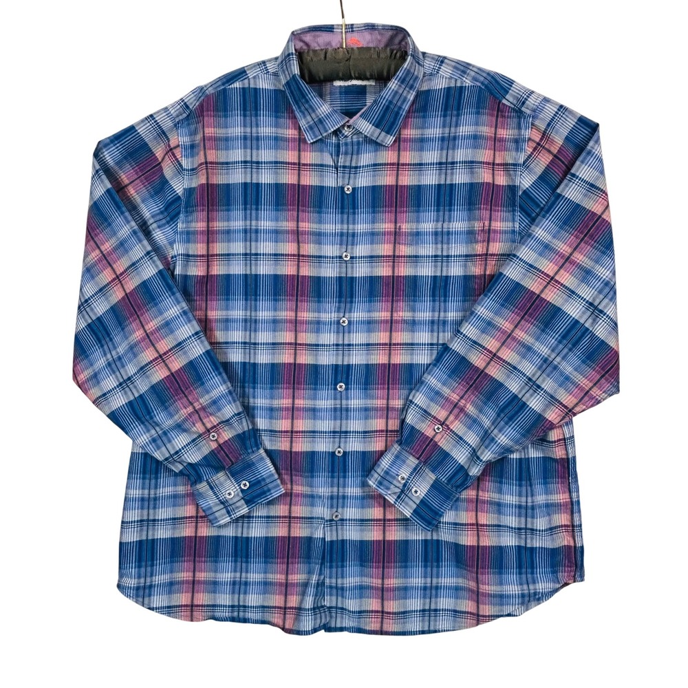 Tommy Bahama Silk Blend Shirt Mens XXL 2XL Blue Pink Plaid Button Down Coastal